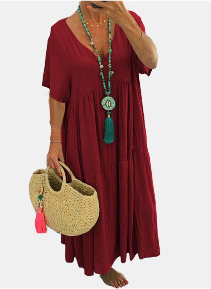 Womens Summer Loose Casual Short Sleeve Dresses Solid Color V-Neck Ruffled Maxi Dress Dark Red