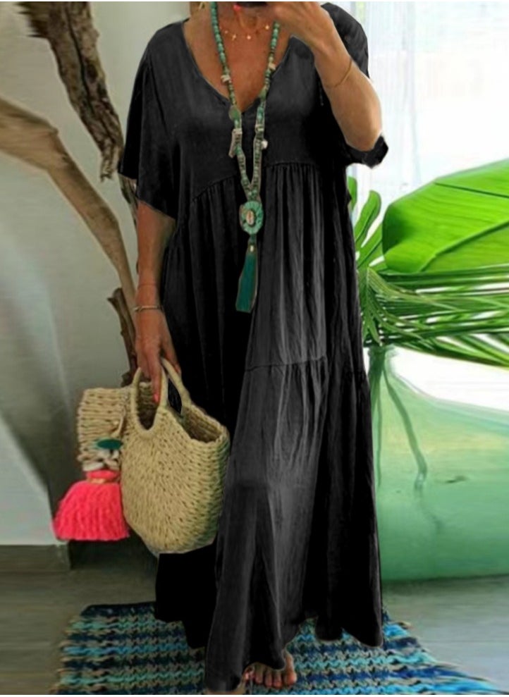 Womens Summer Loose Casual Short Sleeve Dresses Solid Color V-Neck Ruffled Maxi Dress Black
