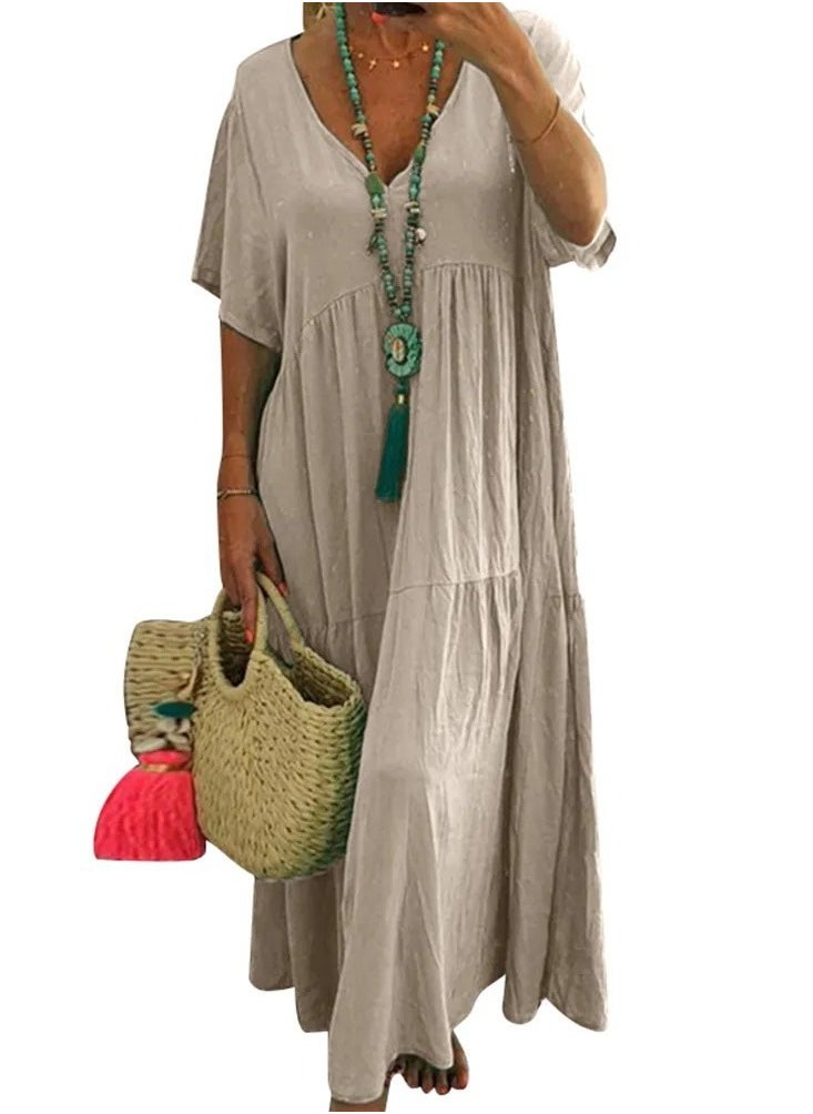Womens Summer Loose Casual Short Sleeve Dresses Solid Color V-Neck Ruffled Maxi Dress Khaki