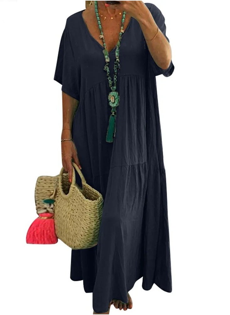 Womens Summer Loose Casual Short Sleeve Dresses Solid Color V-Neck Ruffled Maxi Dress Navy Blue