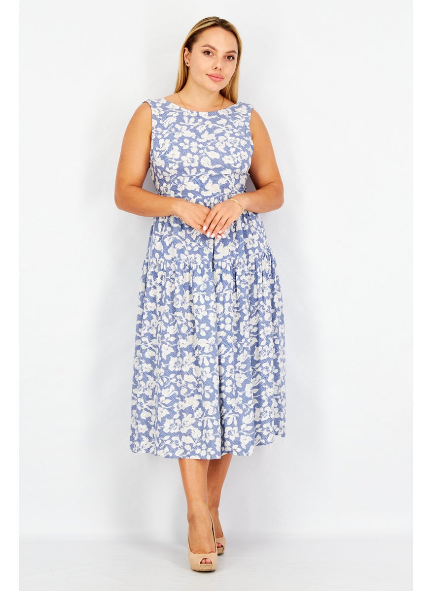 Women Allover Print Midi Dress, Blue