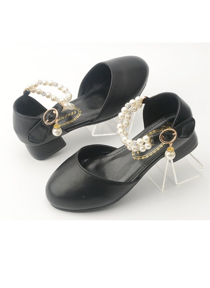Girls Beaded Sandals Low Thick Heels Closed Toe Flat Shoes Light Black