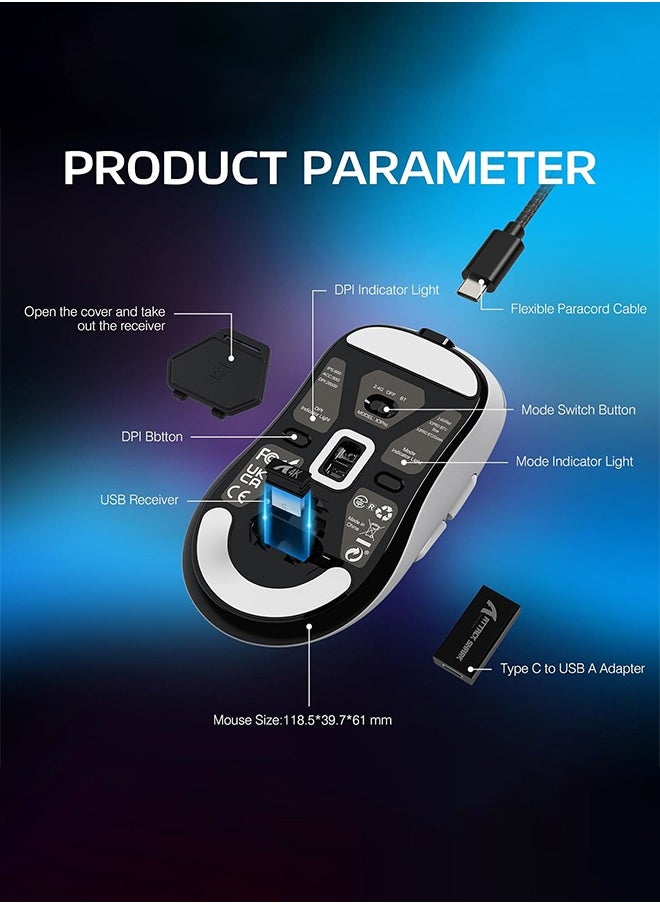 X3 PRO BT/2.4G Wireless/Wired Gaming Mouse, 4K/8K Hz Mouse, 49g Super Light, PixArt PAW3395 Gaming Sensor,6 Adjustable DPI up to 26000, 200 Hours Battery (White)
