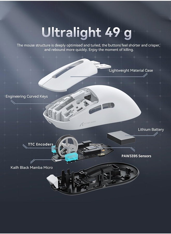 X3 PRO BT/2.4G Wireless/Wired Gaming Mouse, 4K/8K Hz Mouse, 49g Super Light, PixArt PAW3395 Gaming Sensor,6 Adjustable DPI up to 26000, 200 Hours Battery (White)