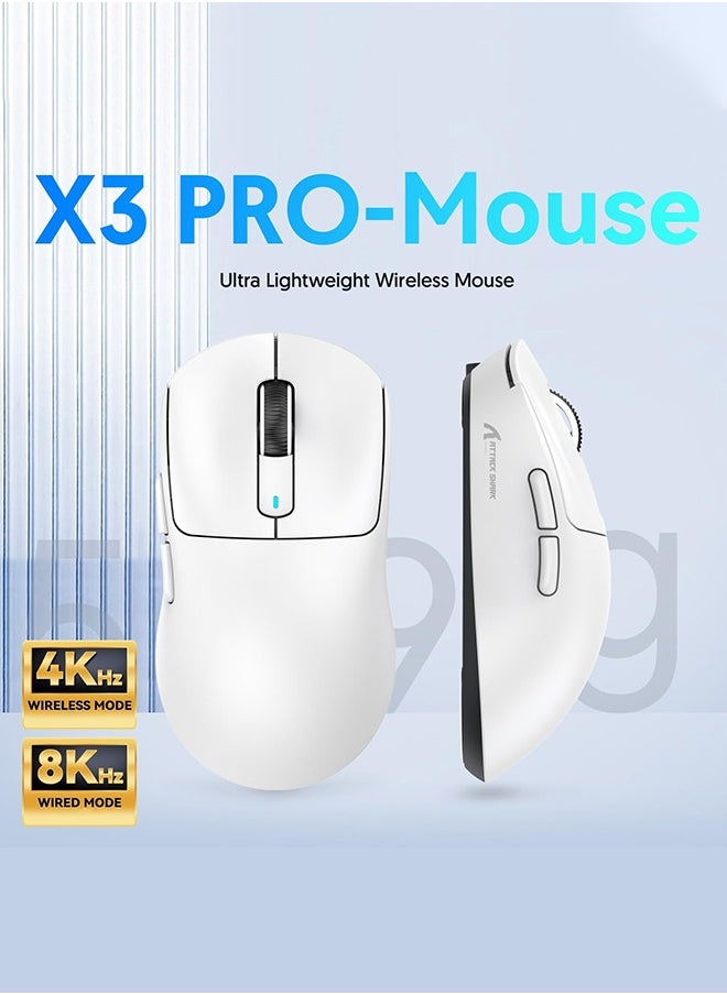 X3 PRO BT/2.4G Wireless/Wired Gaming Mouse, 4K/8K Hz Mouse, 49g Super Light, PixArt PAW3395 Gaming Sensor,6 Adjustable DPI up to 26000, 200 Hours Battery (White)