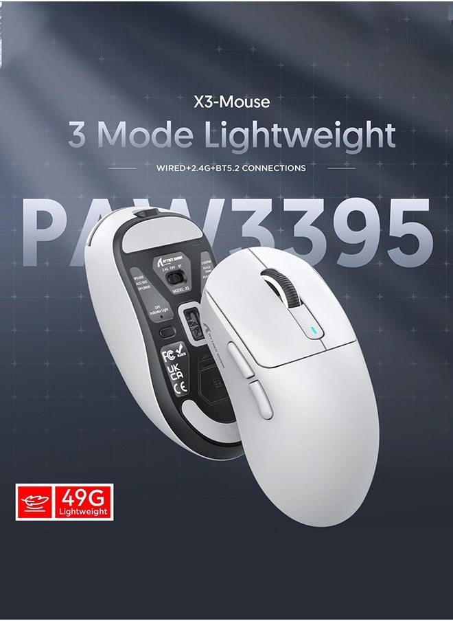 X3 PRO BT/2.4G Wireless/Wired Gaming Mouse, 4K/8K Hz Mouse, 49g Super Light, PixArt PAW3395 Gaming Sensor,6 Adjustable DPI up to 26000, 200 Hours Battery (White)