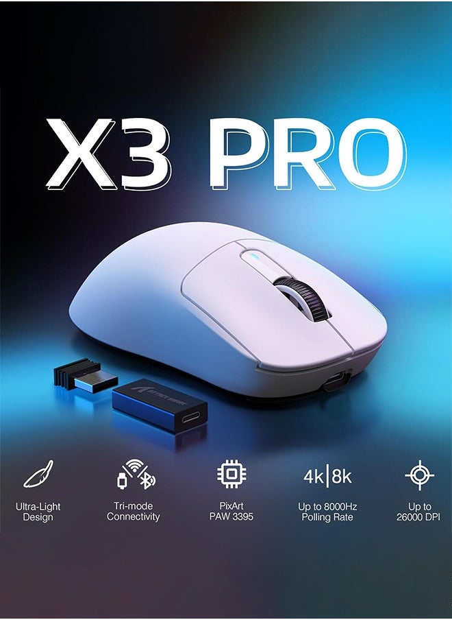 X3 PRO BT/2.4G Wireless/Wired Gaming Mouse, 4K/8K Hz Mouse, 49g Super Light, PixArt PAW3395 Gaming Sensor,6 Adjustable DPI up to 26000, 200 Hours Battery (White)