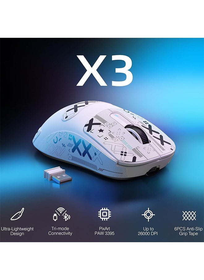 X3 Lightweight Wireless Gaming Mouse with Tri-Mode 2.4G/USB-C Wired/Bluetooth,Up to 26K DPI,PAW3395 Optical Sensor,5 programmable Buttons for PC/Laptop/Win/Mac