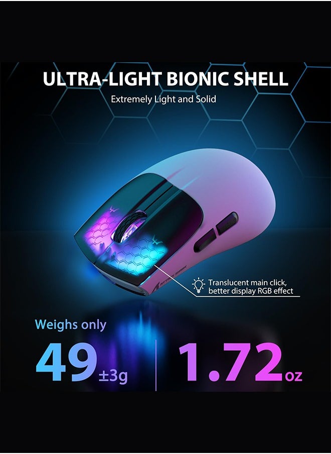 X5 Wireless Gaming Mouse with Tri-Modes BT 5.1/2.4Ghz/USB-C,Lightweight 49g,PixArt3212 Optical Sensor,Rechargeable Battery,RGB LED Honeycomb Mice for PC/Tablet/Desktop/Office/Games