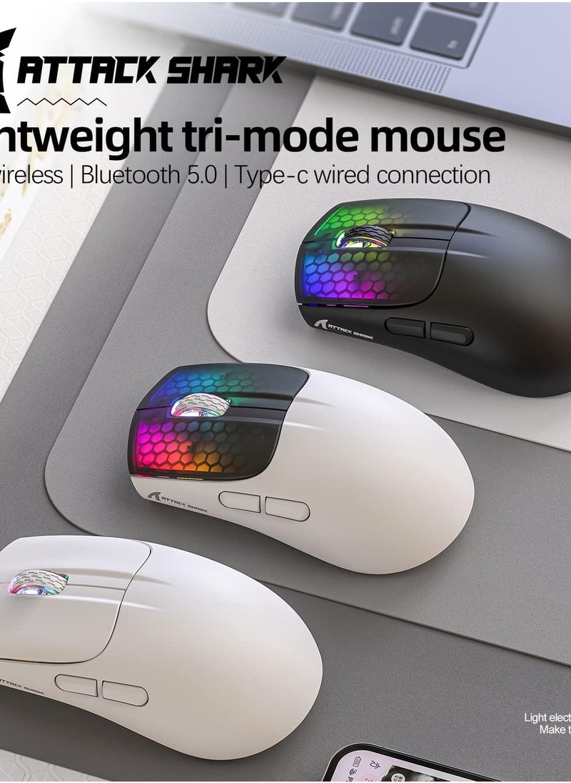 X5 Wireless Gaming Mouse with Tri-Modes BT 5.1/2.4Ghz/USB-C,Lightweight 49g,PixArt3212 Optical Sensor,Rechargeable Battery,RGB LED Honeycomb Mice for PC/Tablet/Desktop/Office/Games