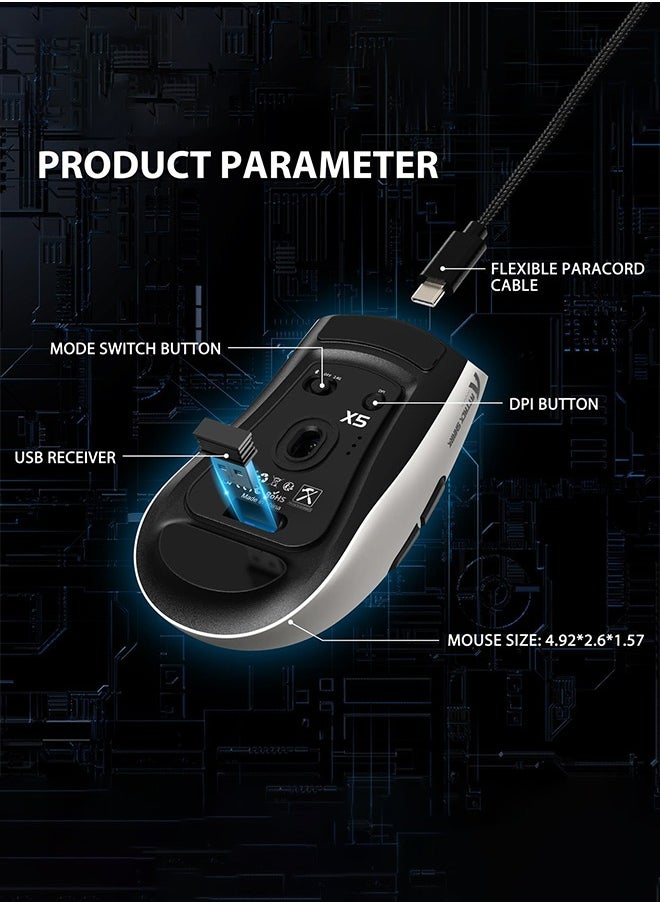 X5 Wireless Gaming Mouse with Tri-Modes BT 5.1/2.4Ghz/USB-C,Lightweight 49g,PixArt3212 Optical Sensor,Rechargeable Battery,RGB LED Honeycomb Mice for PC/Tablet/Desktop/Office/Games