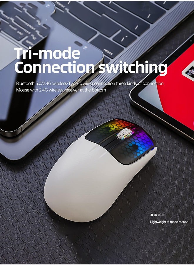 X5 Wireless Gaming Mouse with Tri-Modes BT 5.1/2.4Ghz/USB-C,Lightweight 49g,PixArt3212 Optical Sensor,Rechargeable Battery,RGB LED Honeycomb Mice for PC/Tablet/Desktop/Office/Games