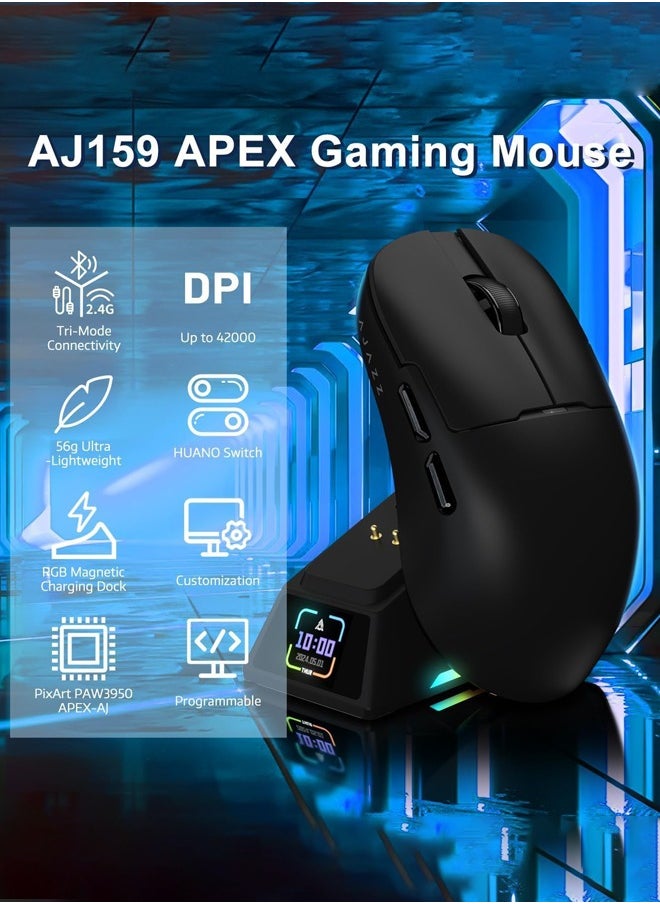 AJ159 APEX Tri-Mode Gaming Mouse, 8K Wireless Gaming Mice, Up to 42K DPI,56g Ultralight, Magnetic Charging Dock with TFT Screen, Pixart PAW3395 Sensor,100M Clicks HUANO Switch, Tri-Mode Mice, for PC/MAC,Black