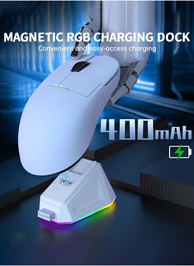 AJ159 Pro Gaming Mouse,2.4Ghz/Wired/Wireless Mice with Magnetic Charging Dock, Ultra-Light 56g, Pixart PAW3395 Sensor, 26000 DPI,  6 Programmable Buttons, 200Hrs Battery, for PC/MAC,white