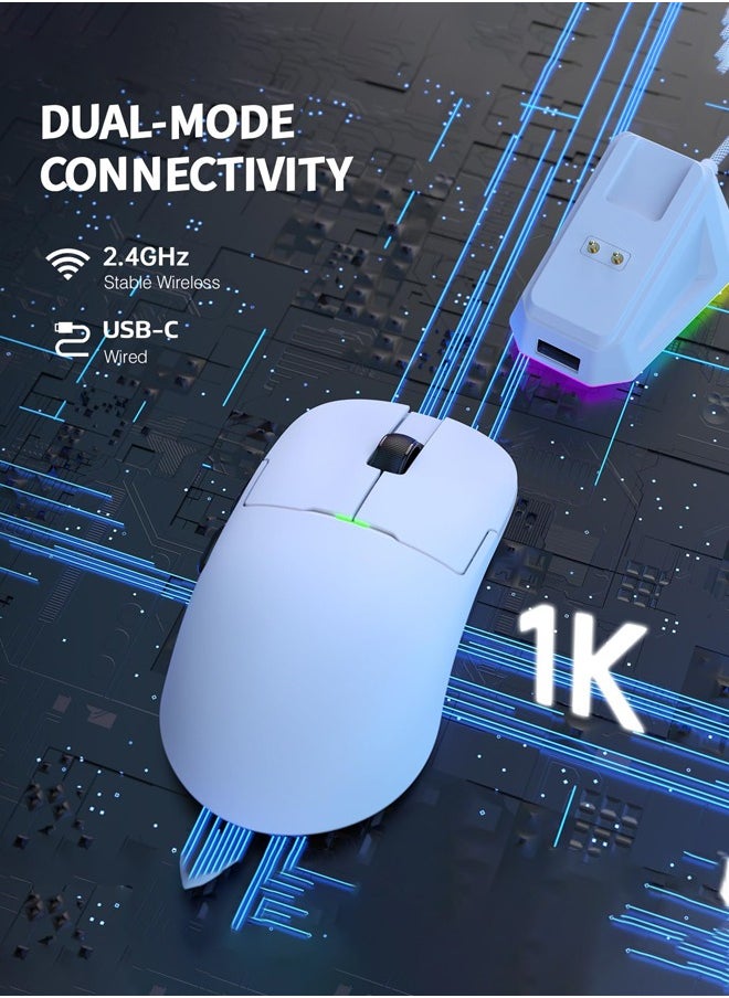 AJ159 Pro Gaming Mouse,2.4Ghz/Wired/Wireless Mice with Magnetic Charging Dock, Ultra-Light 56g, Pixart PAW3395 Sensor, 26000 DPI,  6 Programmable Buttons, 200Hrs Battery, for PC/MAC,white