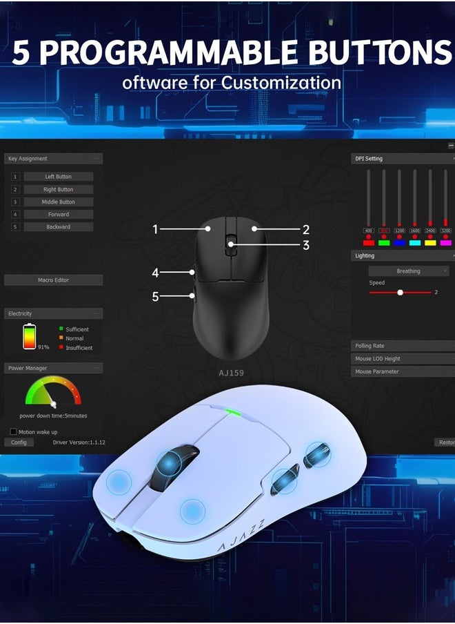 AJ159 Pro Gaming Mouse,2.4Ghz/Wired/Wireless Mice with Magnetic Charging Dock, Ultra-Light 56g, Pixart PAW3395 Sensor, 26000 DPI,  6 Programmable Buttons, 200Hrs Battery, for PC/MAC,white