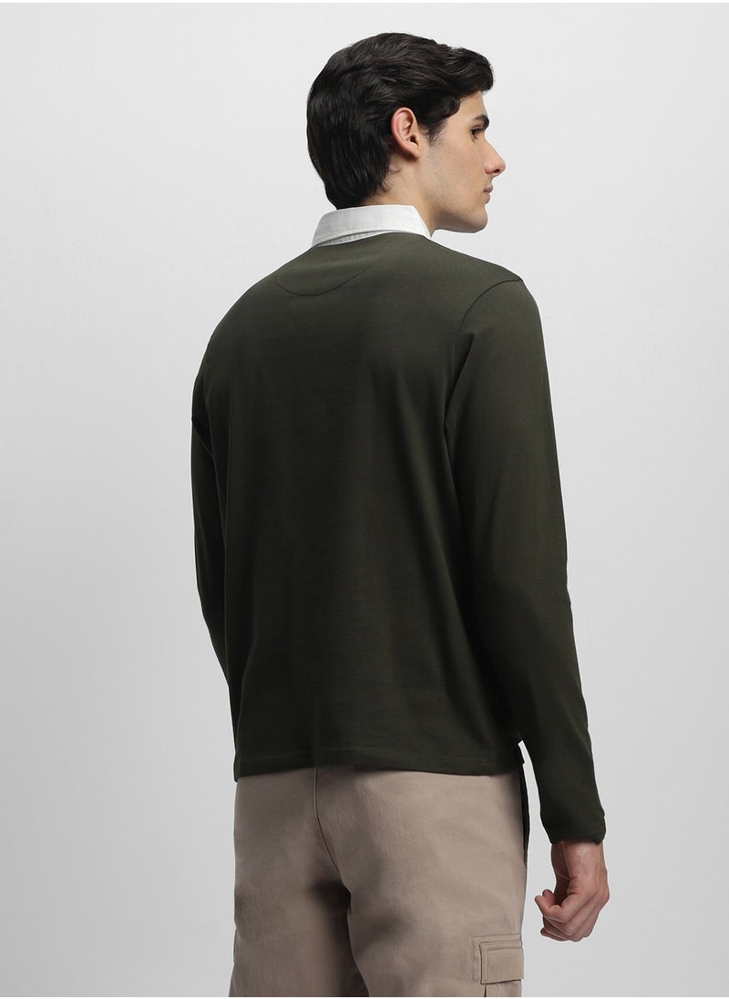 Men's Olive 100% Cotton Colourblocked Slim Fit T-Shirt
