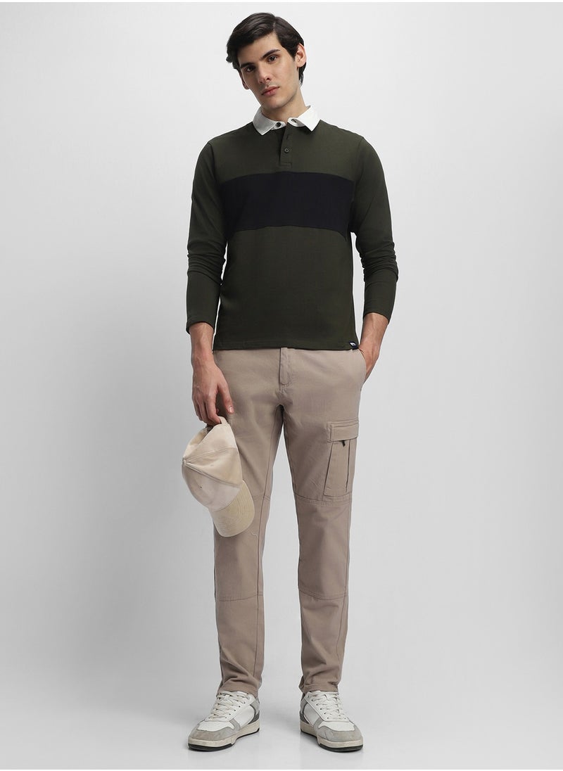Men's Olive 100% Cotton Colourblocked Slim Fit T-Shirt