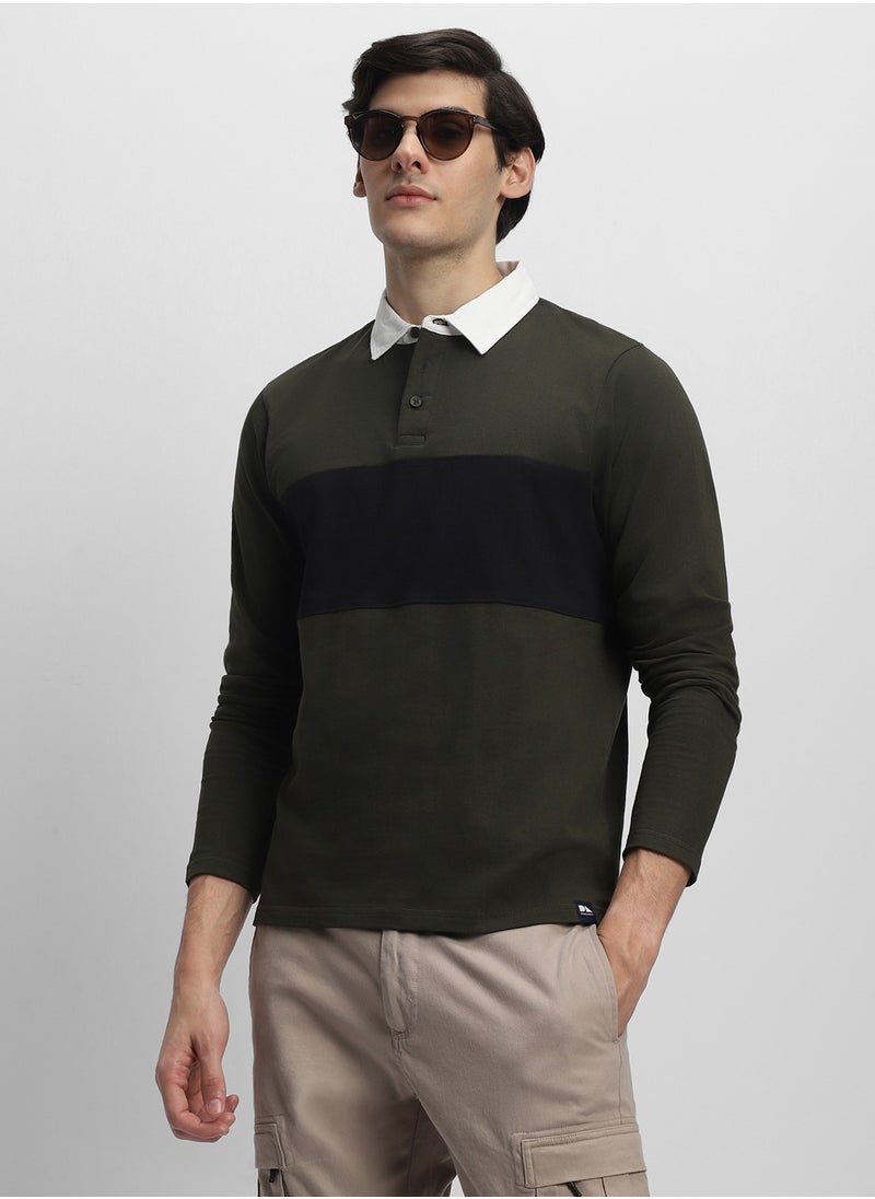 Men's Olive 100% Cotton Colourblocked Slim Fit T-Shirt