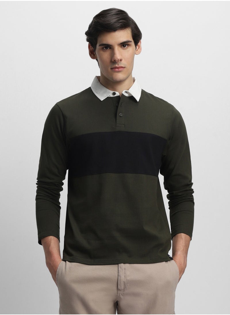 Men's Olive 100% Cotton Colourblocked Slim Fit T-Shirt