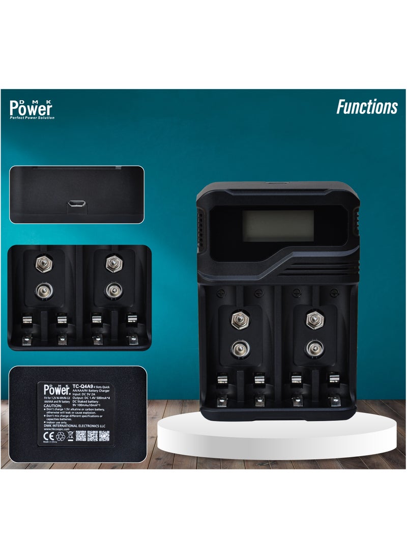 DMK Power Rechargeable 4pcs AA 2800mAh High Capacity Batteries 1.2V NiMH Low Self Discharge with TC-Q4A9 4-Slot LCD Quick Rechargeable battery Charger USB Fast Charging, Independent Slot.