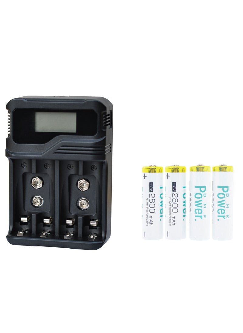 DMK Power Rechargeable 4pcs AA 2800mAh High Capacity Batteries 1.2V NiMH Low Self Discharge with TC-Q4A9 4-Slot LCD Quick Rechargeable battery Charger USB Fast Charging, Independent Slot.