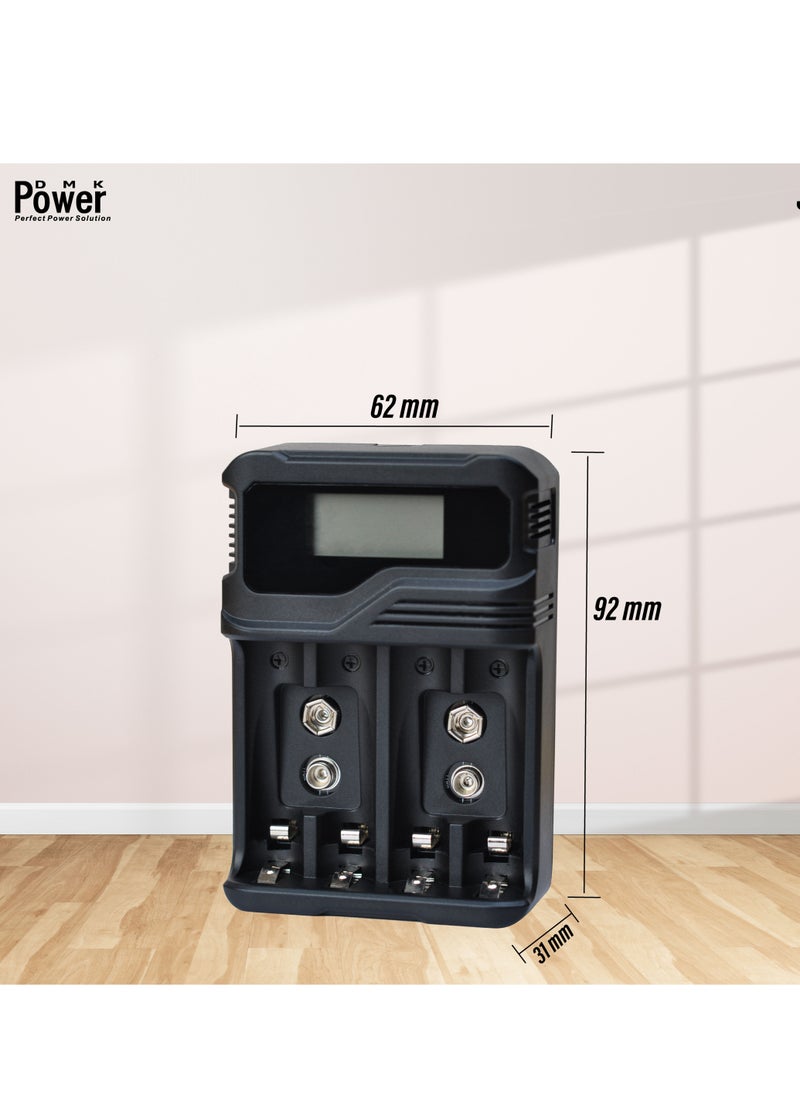 DMK Power Rechargeable 4pcs AA 2800mAh High Capacity Batteries 1.2V NiMH Low Self Discharge with TC-Q4A9 4-Slot LCD Quick Rechargeable battery Charger USB Fast Charging, Independent Slot.