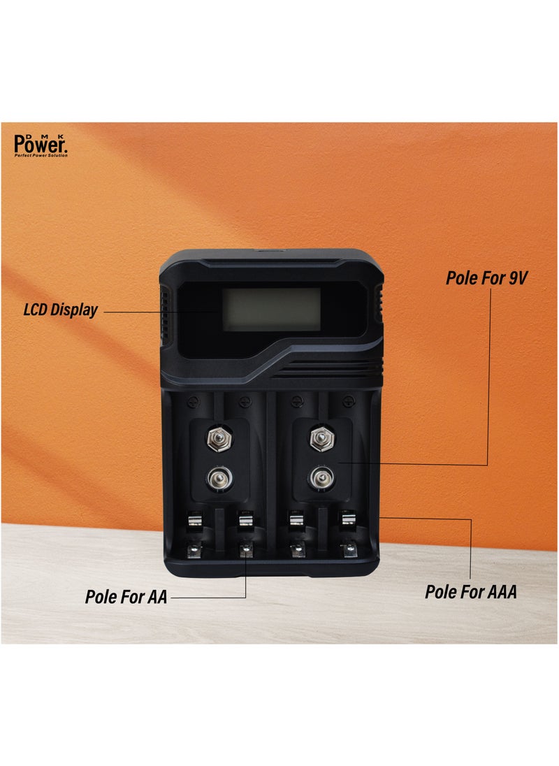 DMK Power Rechargeable 4pcs AA 2800mAh High Capacity Batteries 1.2V NiMH Low Self Discharge with TC-Q4A9 4-Slot LCD Quick Rechargeable battery Charger USB Fast Charging, Independent Slot.