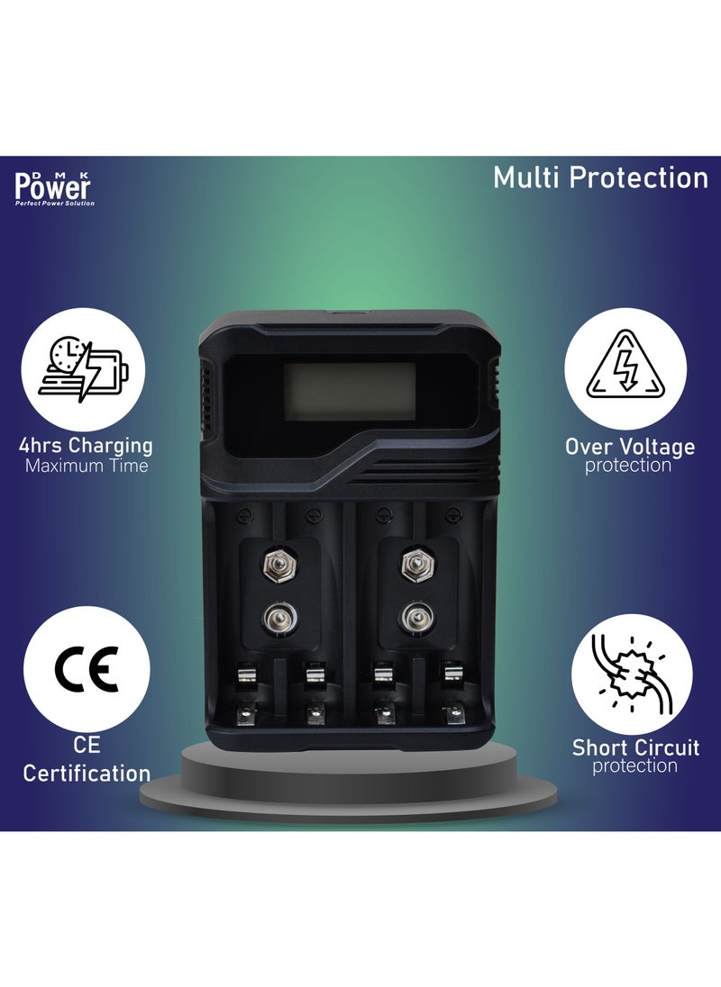 DMK Power Rechargeable 4pcs AA 2800mAh High Capacity Batteries 1.2V NiMH Low Self Discharge with TC-Q4A9 4-Slot LCD Quick Rechargeable battery Charger USB Fast Charging, Independent Slot.