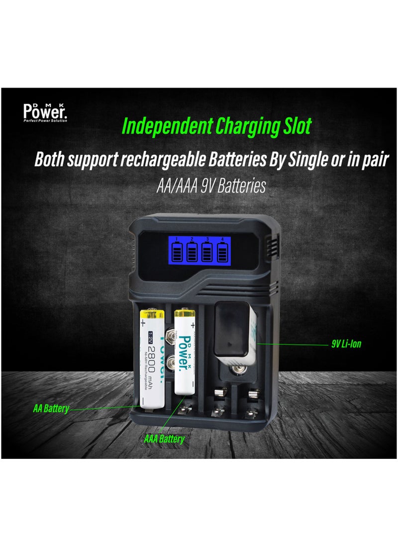 DMK Power Rechargeable 8pcs AA 2800mAh High Capacity Batteries 1.2V NiMH Low Self Discharge with TC-Q4A9 4-Slot LCD Quick Rechargeable battery Charger USB Fast Charging, Independent Slot.