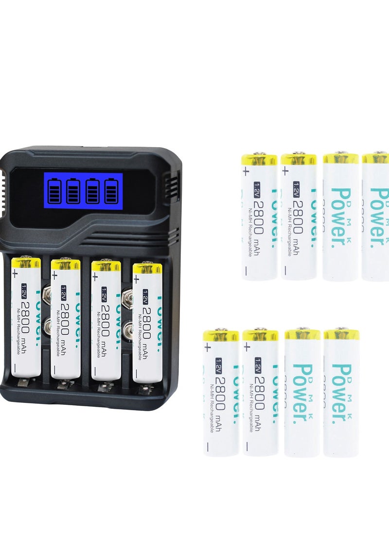 DMK Power Rechargeable 8pcs AA 2800mAh High Capacity Batteries 1.2V NiMH Low Self Discharge with TC-Q4A9 4-Slot LCD Quick Rechargeable battery Charger USB Fast Charging, Independent Slot.