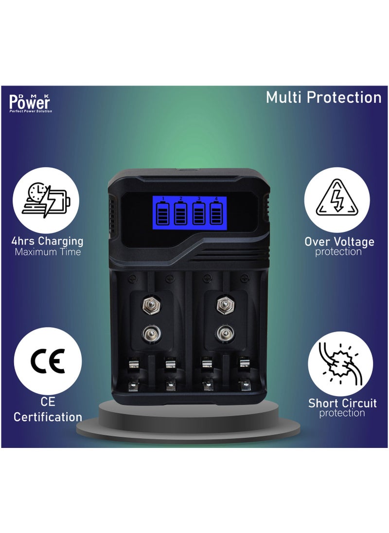 DMK Power Rechargeable 8pcs AAA 1100mAh High Capacity Batteries 1.2V Ni-MH Low Self Discharge with TC-Q4A9 4-Slot LCD Quick Rechargeable battery Charger USB Fast Charging, Independent Slot.