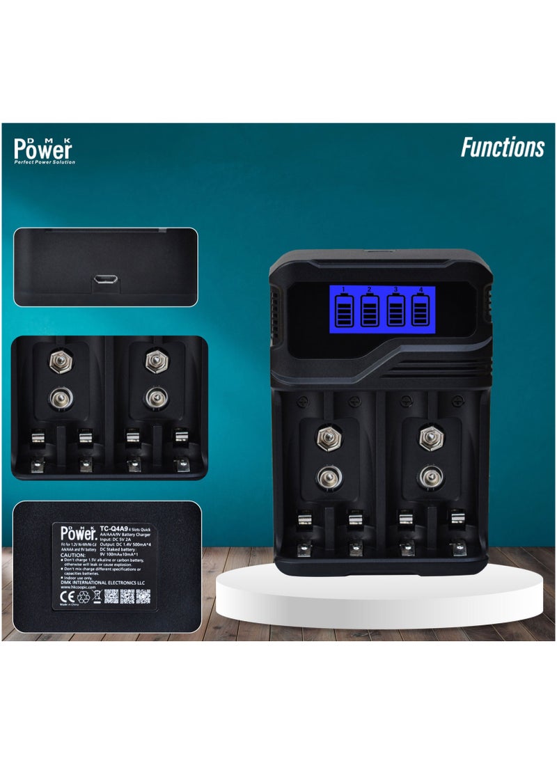 DMK Power Rechargeable 8pcs AAA 1100mAh High Capacity Batteries 1.2V Ni-MH Low Self Discharge with TC-Q4A9 4-Slot LCD Quick Rechargeable battery Charger USB Fast Charging, Independent Slot.