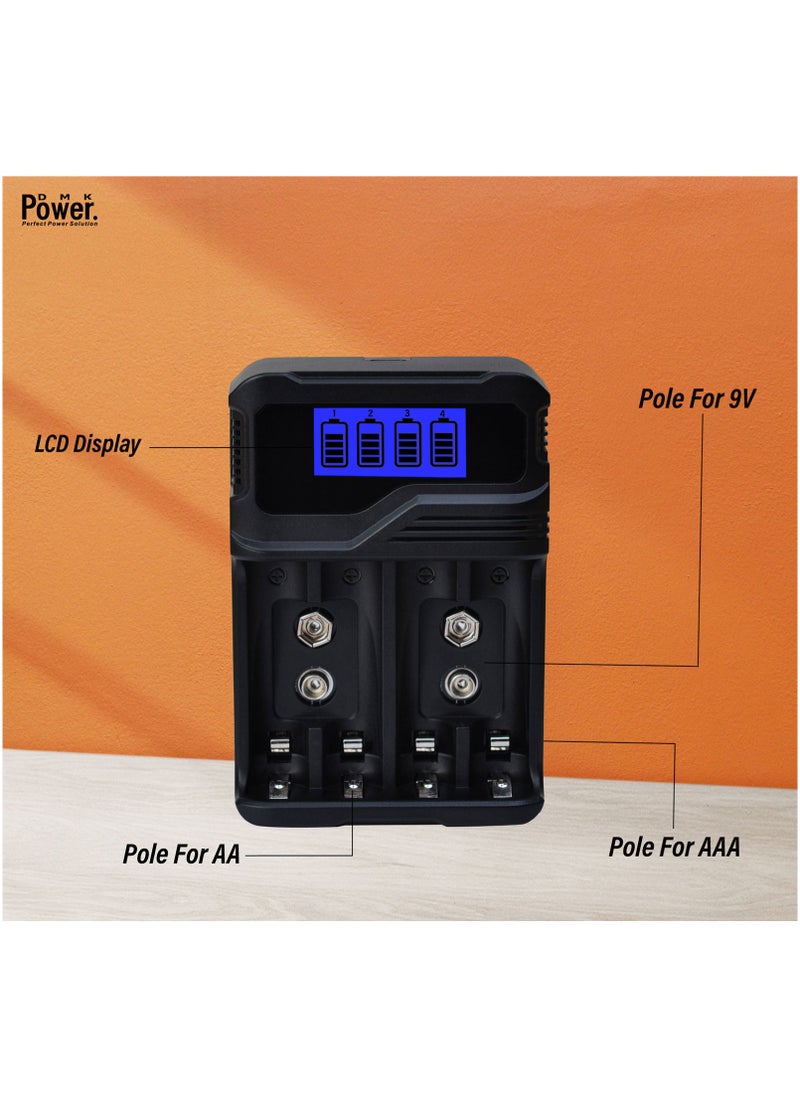 DMK Power Rechargeable 8pcs AAA 1100mAh High Capacity Batteries 1.2V Ni-MH Low Self Discharge with TC-Q4A9 4-Slot LCD Quick Rechargeable battery Charger USB Fast Charging, Independent Slot.