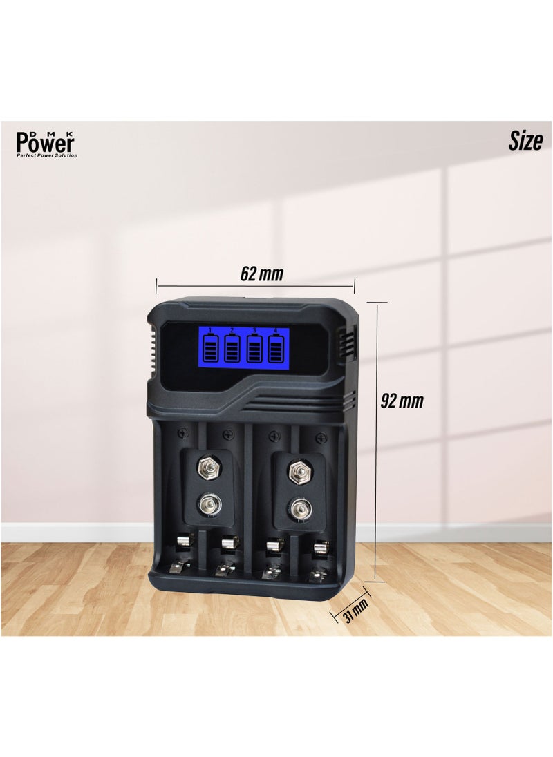 DMK Power Rechargeable 8pcs AAA 1100mAh High Capacity Batteries 1.2V Ni-MH Low Self Discharge with TC-Q4A9 4-Slot LCD Quick Rechargeable battery Charger USB Fast Charging, Independent Slot.