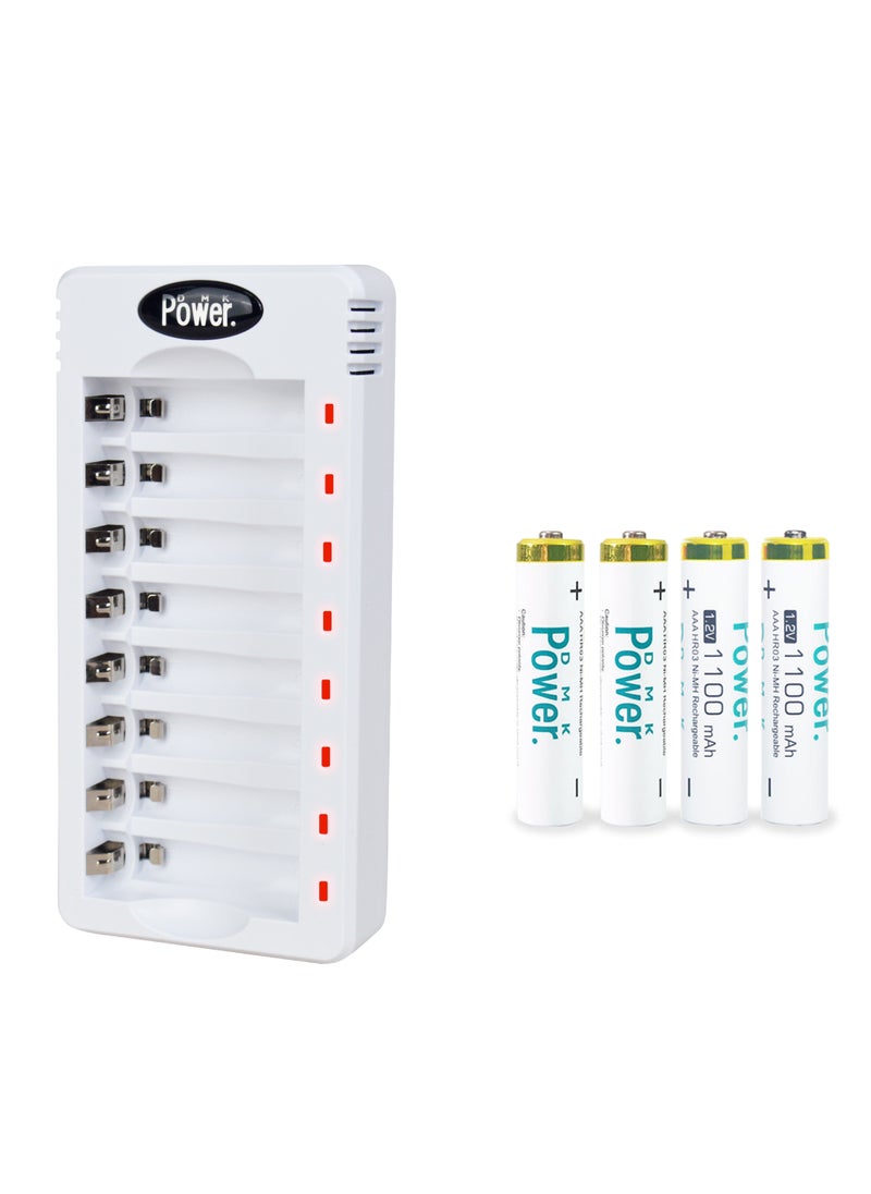 DMK Power Rechargeable AAA Batteries, 4 Pack of 1100mAh Low Capacity Low Self Discharge Ni-MH AAA Batteries with Smart 8 Bay Battery Charger (USB Fast Charging, Independent Slot)- (TC-Q8+AAAx4pcs)