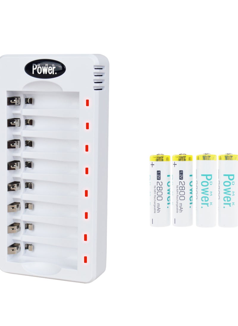 DMK Power Rechargeable AA Batteries, 4 Pack of 2800mAh High Capacity Low Self Discharge Ni-MH Double A Batteries with Smart 8 Bay Battery Charger (USB Fast Charging, Independent Slot)- (TC-Q8+AAx4pcs)