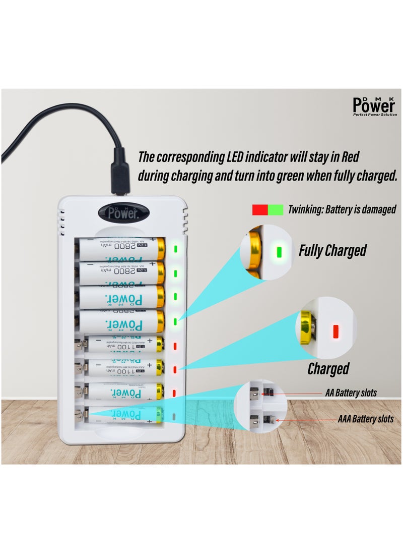 DMK Power Rechargeable AA Batteries, 4 Pack of 2800mAh High Capacity Low Self Discharge Ni-MH Double A Batteries with Smart 8 Bay Battery Charger (USB Fast Charging, Independent Slot)- (TC-Q8+AAx4pcs)