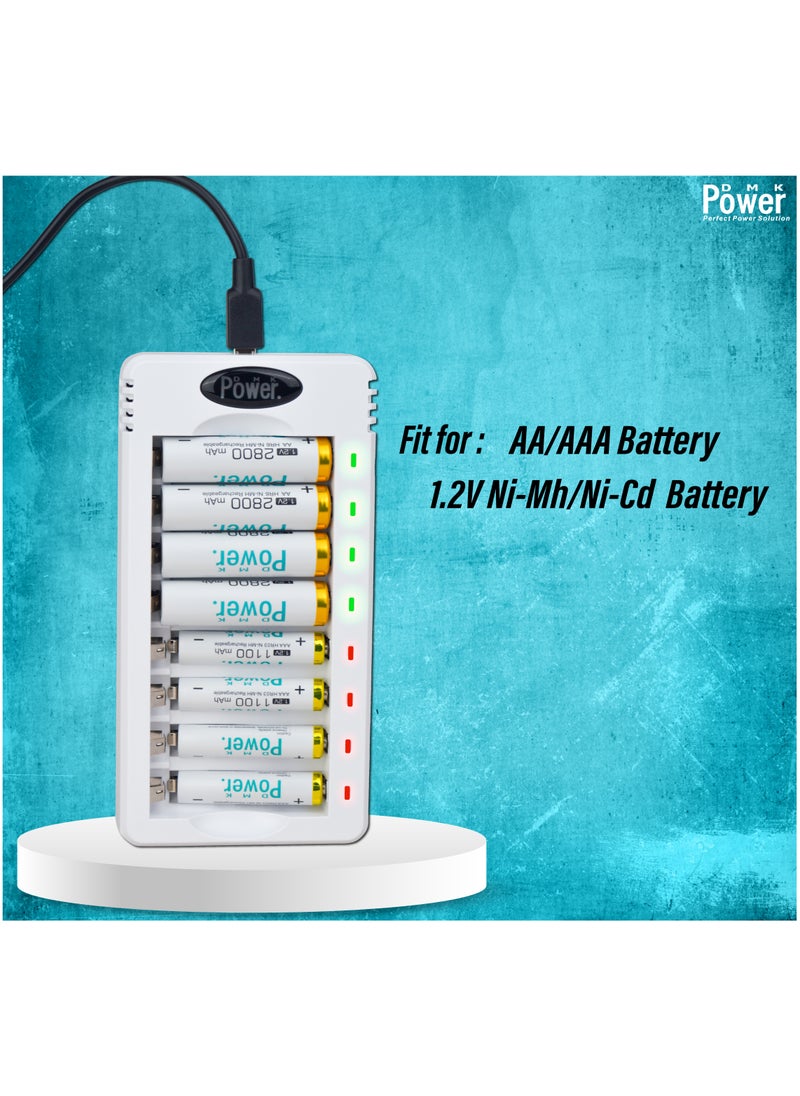DMK Power Rechargeable AA Batteries, 4 Pack of 2800mAh High Capacity Low Self Discharge Ni-MH Double A Batteries with Smart 8 Bay Battery Charger (USB Fast Charging, Independent Slot)- (TC-Q8+AAx4pcs)