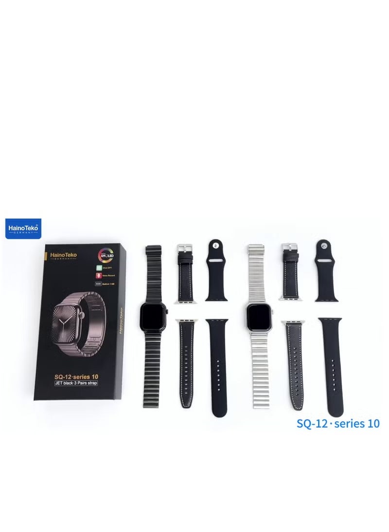 HainoTeko SQ-12 Series 10 Smart Watch with AMOLED Display Chat-GPT Video Recording Built-In 1 GB Ram and 3 Pair Straps Designed for Ladies and Gents Silver