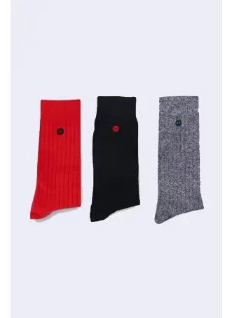 Set of 3X Socks in Cotton and Recycled Polyester - Red, Navy Blue, Grey