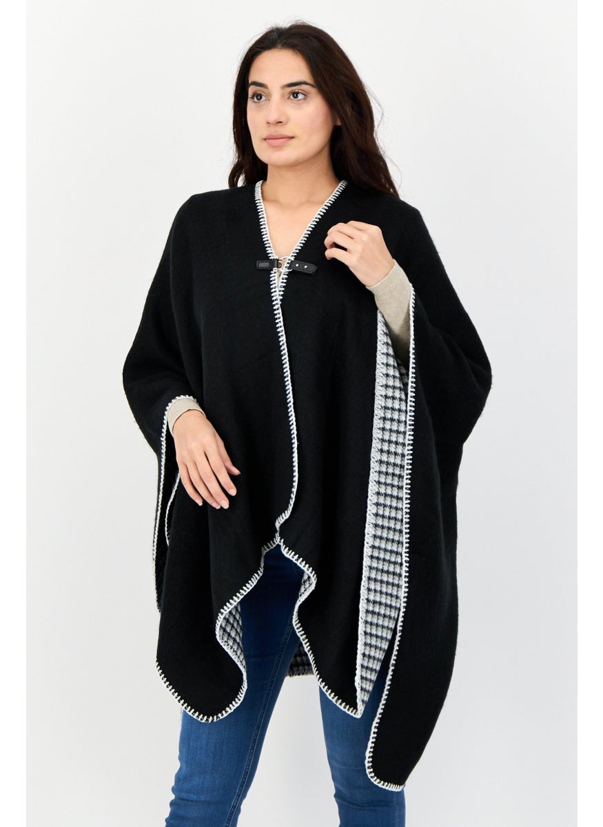 Women Solid Whip Stitch Ruana Poncho, Black