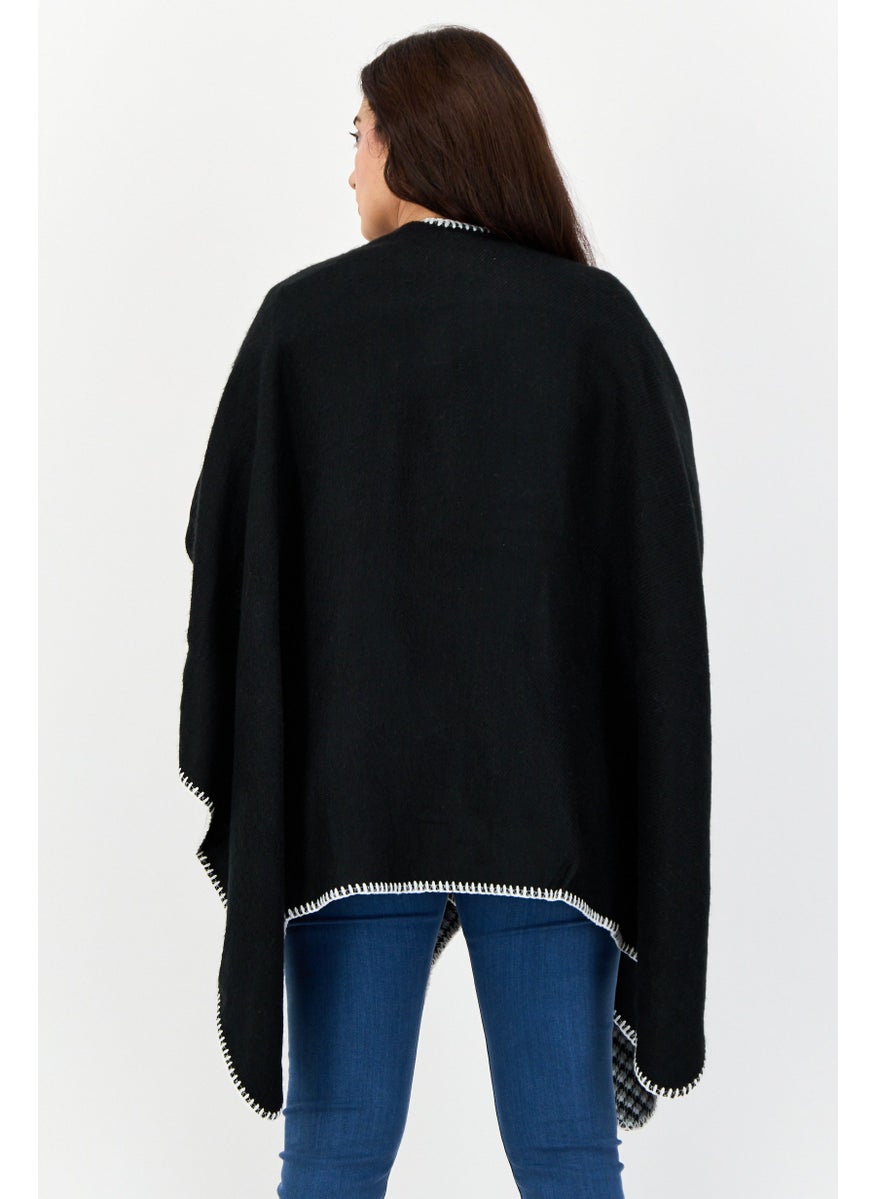 Women Solid Whip Stitch Ruana Poncho, Black