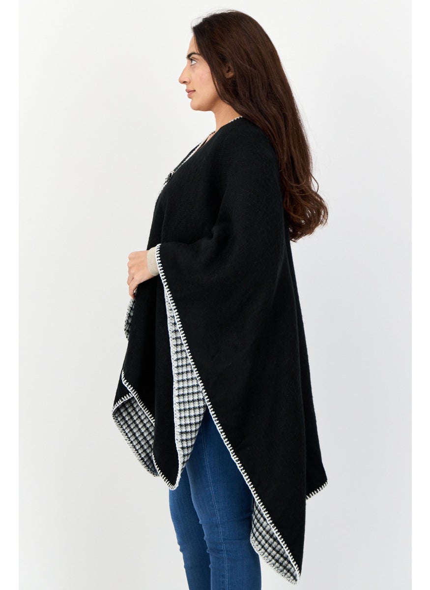 Women Solid Whip Stitch Ruana Poncho, Black