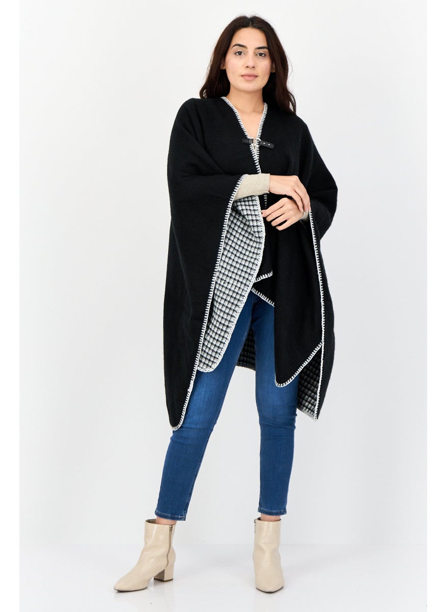 Women Solid Whip Stitch Ruana Poncho, Black