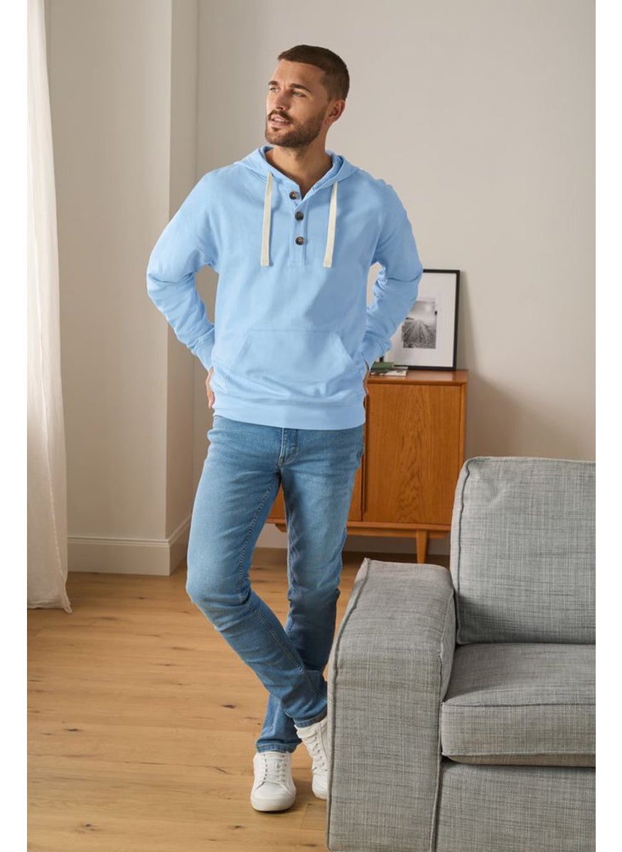 Men Drawstring Heather Hooded Sweatshirt, Sky Blue