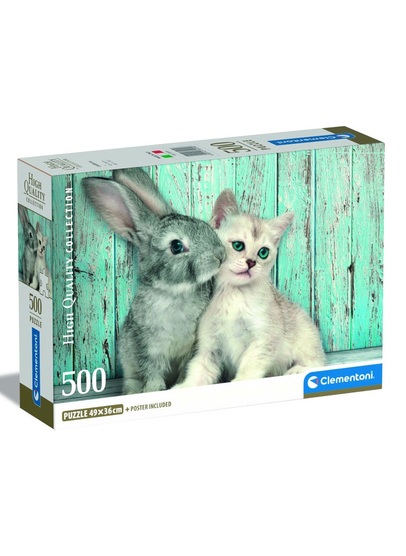 Clementoni Puzzle HQC Cat & Bunny + Poster 500 Pieces | Jigsaw Puzzle | Puzzle for Adults | Challenging Puzzle | Perfect for Stress Reliever and Puzzle Lovers | Made in Italy