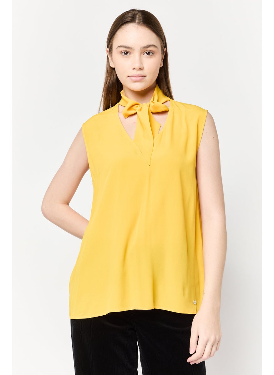 Women Tie-Neck Solid Tank Top, Yellow