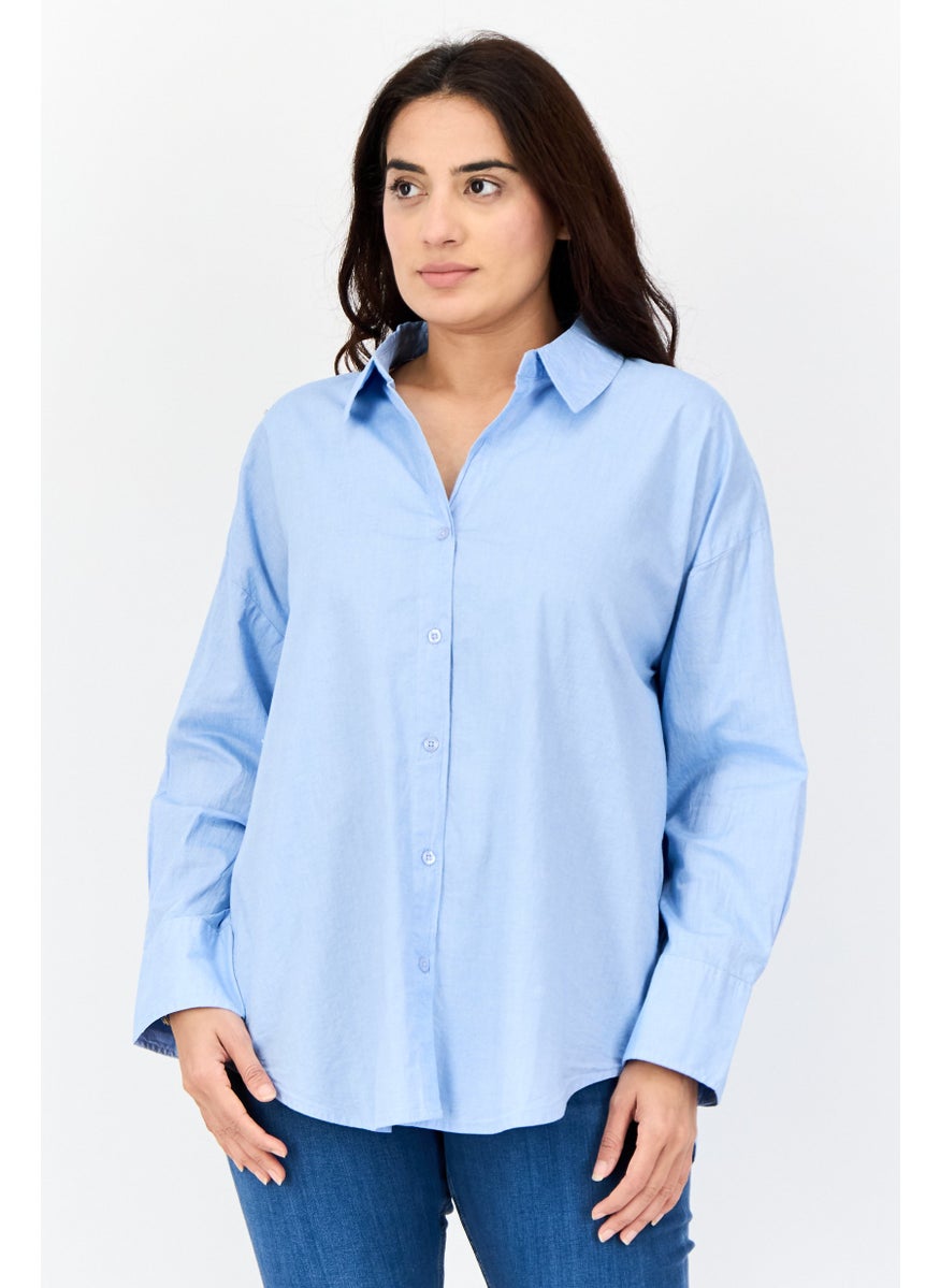 Women Regular Fit Plain Long Sleeves Casual Shirt, Light Blue