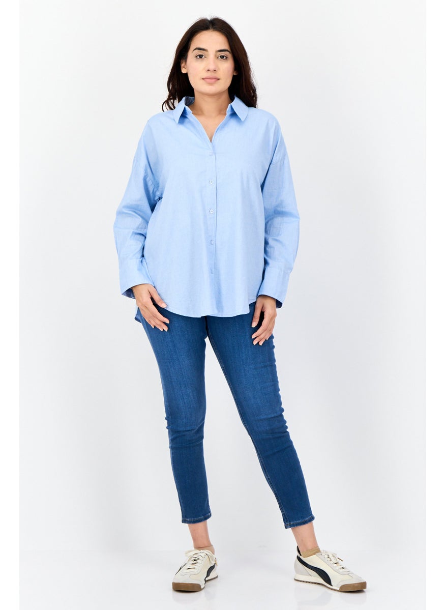 Women Regular Fit Plain Long Sleeves Casual Shirt, Light Blue